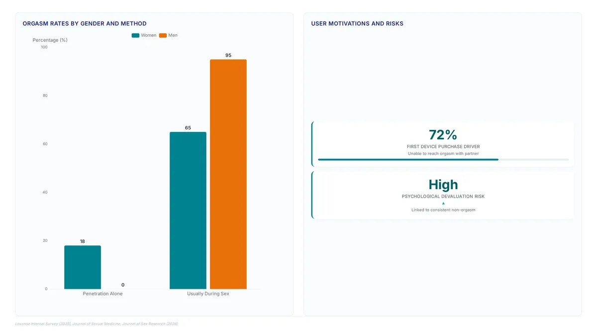Charts comparing orgasm rates showing 18% for women via penetration alone versus 95% for men, alongside a metric highlighting that 72% of female users bought their first device due to partner difficulties.